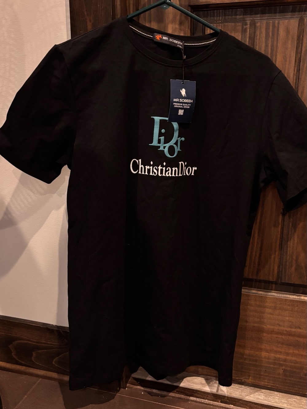 Dior Black Short Sleeve Tee with Light Blue and White Logo